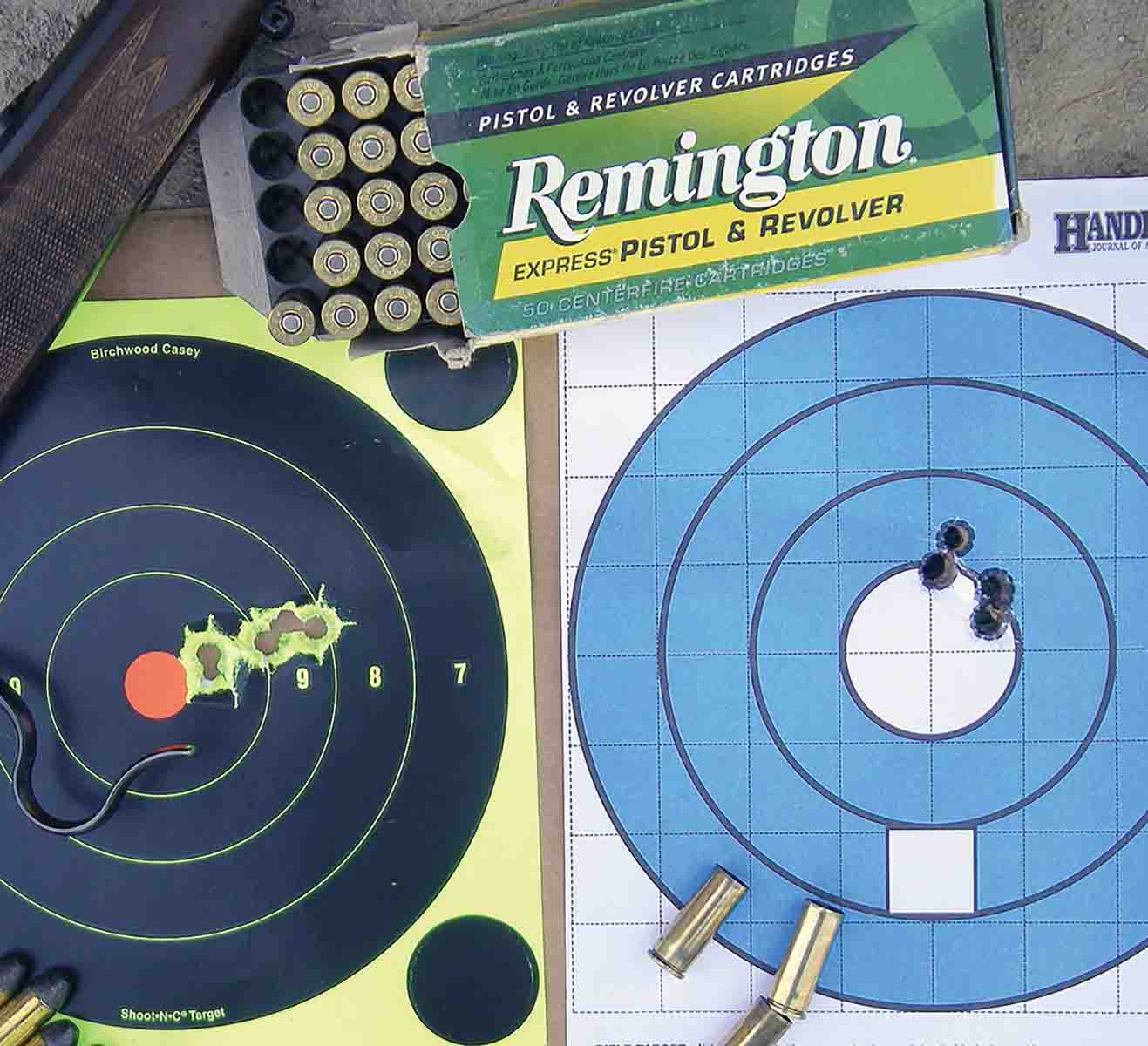 Factory loads from Remington and handloads were tried in the Model 1885 .45 Colt, which proved accurate at 50 yards.